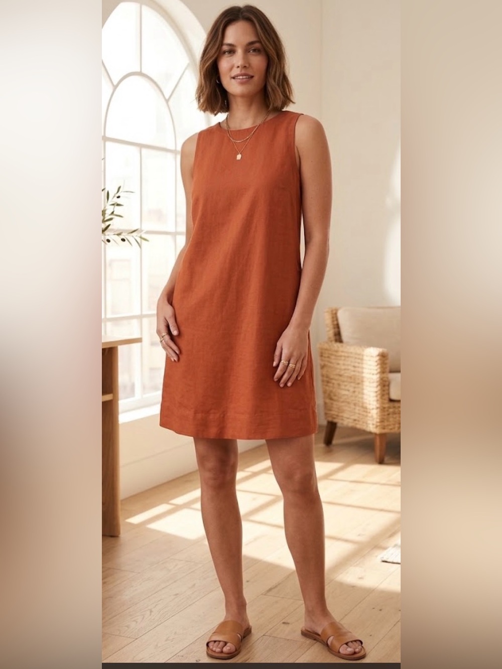 Old Navy Linen Blend Shift Dress Rust Orange Terracotta Sleeveless Size Medium